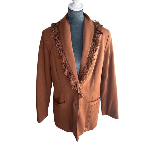 Unique Brown Buttoned Blazer- collar fringe- oversized Sz 2 - retro rustic rodeo - Picture 1 of 8